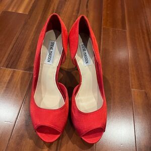 Steve Madden Red Shoes Jaidy Satin Peep Toe d'Orsay Stiletto Pumps Heels 8.5